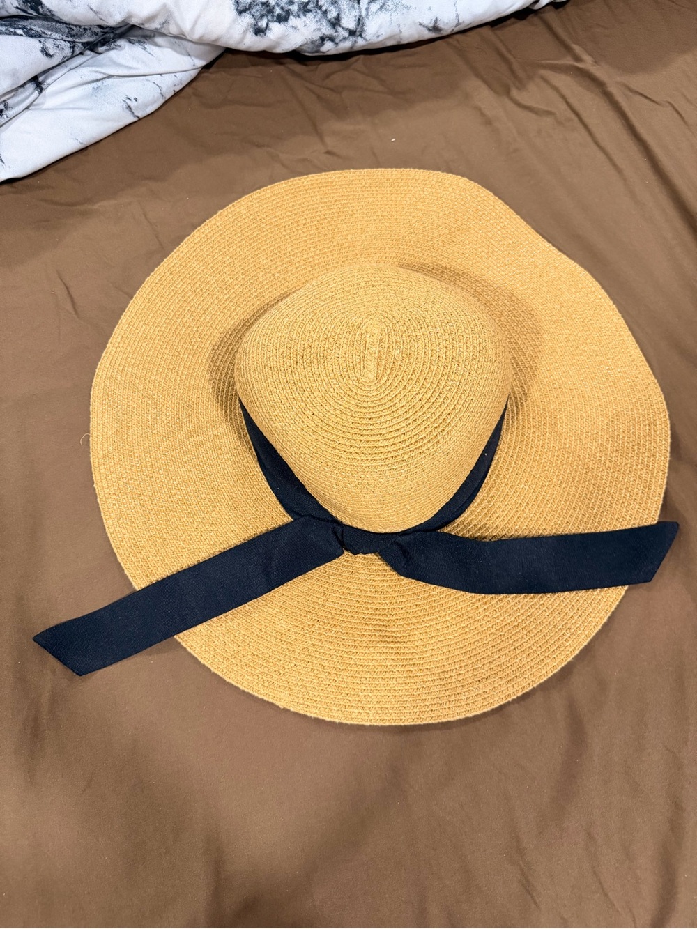 Wide-Brim Straw Sun Hat with Black Ribbon - Mustard